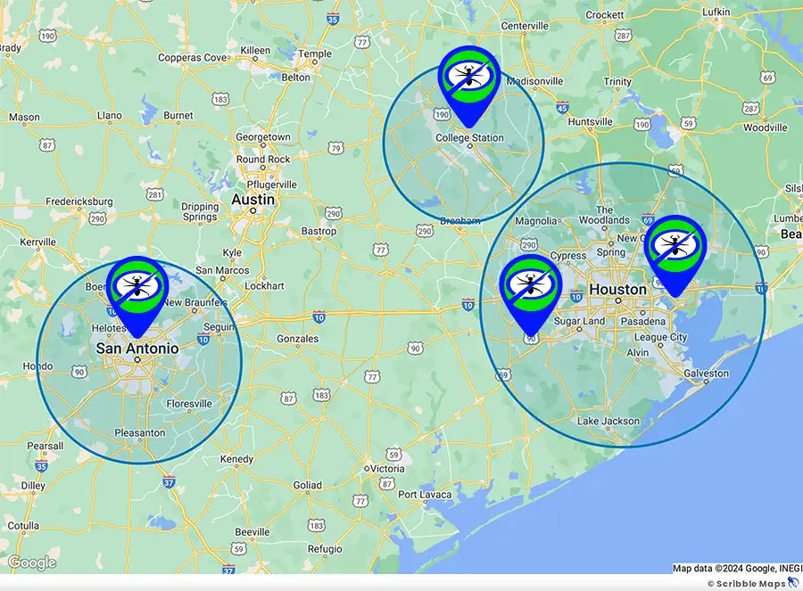 Anytime Pest Elimination Service Area Map Houston Texas, San Antonio Texas
